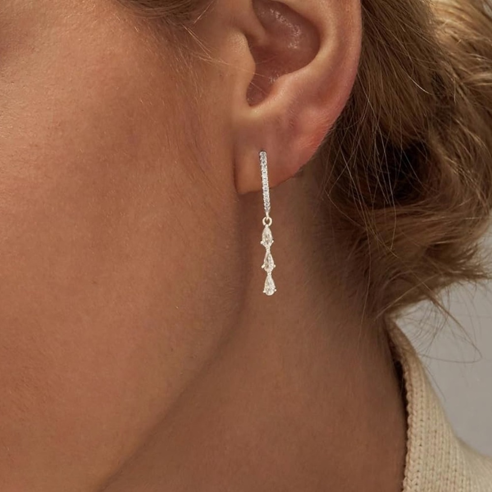Silver Hoop Tear Drop Rhinestone Earrings with Dangle - Picture 9 of 12